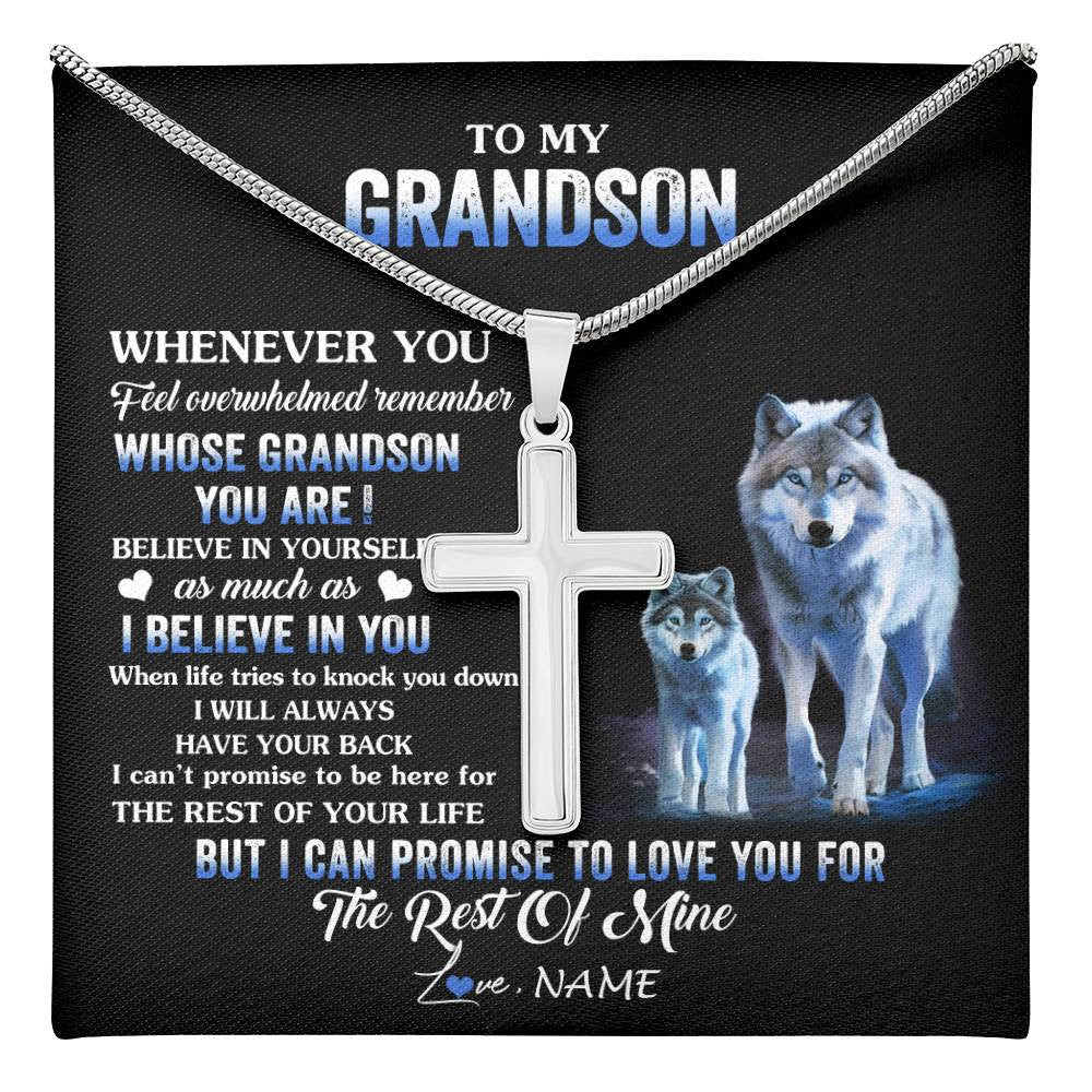 Stainless Cross Necklace Stainless Steel | 1 | Personalized To My Grandson Necklace From Grandma Grandpa Whenever You Feel Wolf Grandson Birthday Gifts Graduation Christmas Customized Gift Box Message Card | teecentury