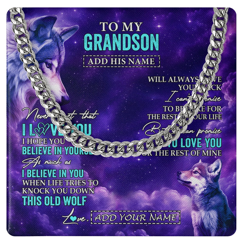 Cuban Link Chain Necklace Stainless Steel | 1 | Personalized To My Grandson Necklace From Grandma Grandpa Wolf Never Forget I Love You Grandson Birthday Gifts Graduation Christmas Gift Box Message Card Shirt & Hoodie | https://teecentury.