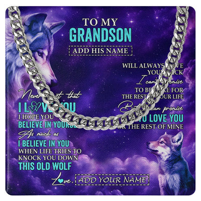 Cuban Link Chain Necklace Stainless Steel | 1 | Personalized To My Grandson Necklace From Grandma Grandpa Wolf Never Forget I Love You Grandson Birthday Gifts Graduation Christmas Gift Box Message Card Shirt & Hoodie | https://teecentury.