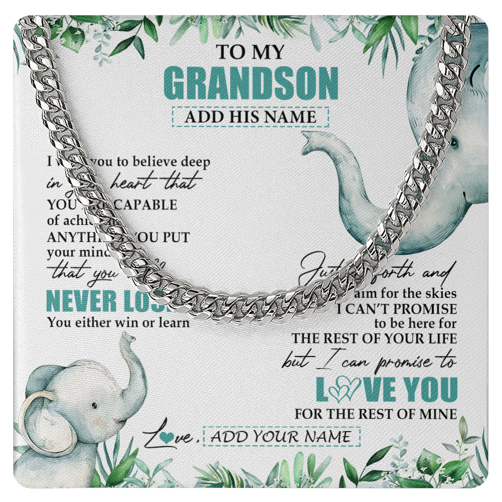 Cuban Link Chain Necklace Stainless Steel | 1 | Personalized To My Grandson Necklace From Grandma Grandpa You Will Never Lose Elephant Grandson Birthday Gifts Graduation Christmas Gift Box Message Card | teecentury