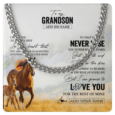 Cuban Link Chain Necklace Stainless Steel | 1 | Personalized To My Grandson Necklace From Grandma Grandpa You Will Never Lose Horse Grandson Birthday Gifts Graduation Christmas Custom Gift Box Message Card | teecentury