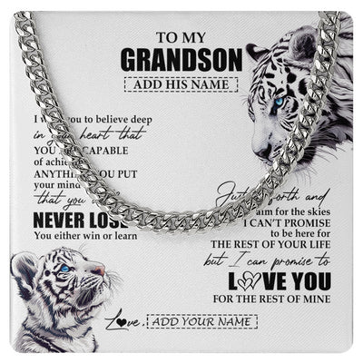 Cuban Link Chain Necklace Stainless Steel | 1 | Personalized To My Grandson Necklace From Grandma Grandpa You Will Never Lose White Tiger Grandson Birthday Gifts Graduation Christmas Gift Box Message Card | teecentury