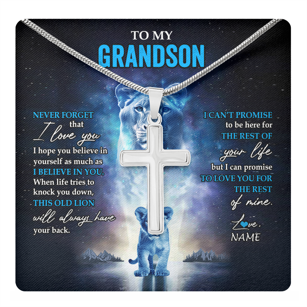 Stainless Cross Necklace Stainless Steel | 1 | Personalized To My Grandson Necklace From Grandma Granny Never Forget I Love You Lion Grandson Jewelry Birthday Christmas Customized Message Card | teecentury