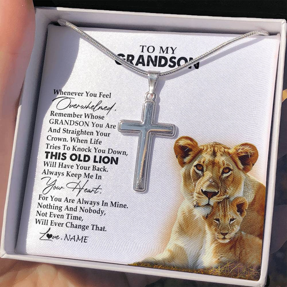 Stainless Cross Necklace Stainless Steel | 2 | Personalized To My Grandson Necklace From Grandma Granny Whenever You Fell Overwhelmed Lion Grandson Birthday Christmas Customized Gift Box Message Card | teecentury