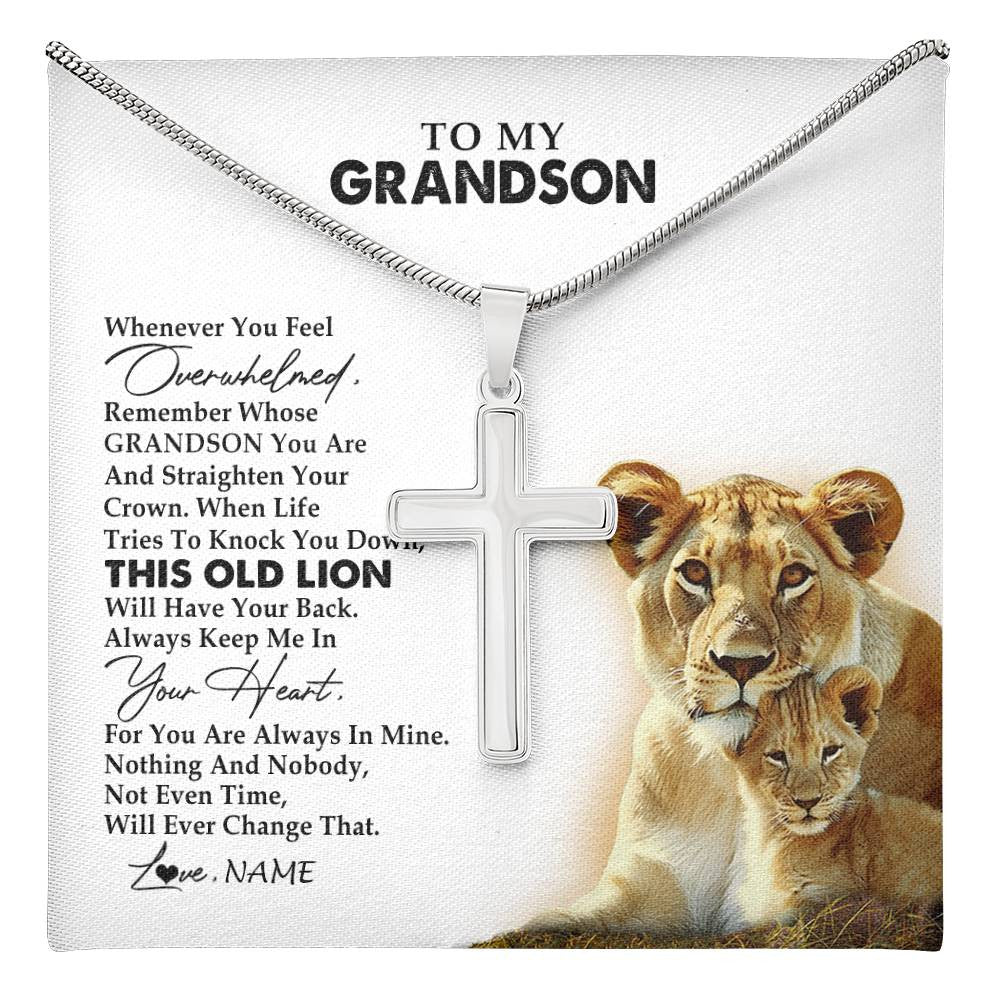 Stainless Cross Necklace Stainless Steel | 1 | Personalized To My Grandson Necklace From Grandma Granny Whenever You Fell Overwhelmed Lion Grandson Birthday Christmas Customized Gift Box Message Card | teecentury
