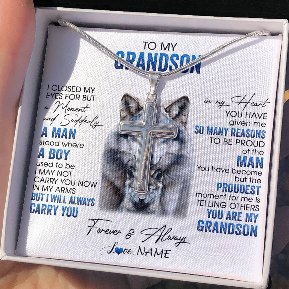 Stainless Cross Necklace Stainless Steel | 2 | Personalized To My Grandson Necklace From Grandma I Close My Eyes For But A Moment Wolf Grandson Birthday Gifts Christmas Customized Gift Box Message Card | teecentury
