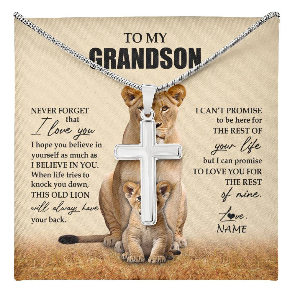 Stainless Cross Necklace Stainless Steel | 1 | Personalized To My Grandson Necklace From Grandma Lion Never Forget That I Love You Grandson Jewelry Birthday Gifts Christmas Customized Message Card | teecentury