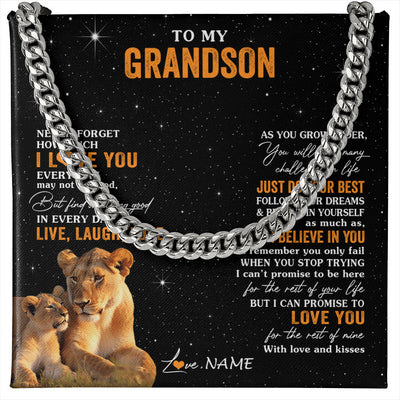 Cuban Link Chain Necklace Stainless Steel | 1 | Personalized To My Grandson Necklace From Grandma Live Laugh Love Lion Grandson Birthday Gifts Positive Graduation Christmas Customized Gift Box Message Card | teecentury