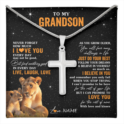 Stainless Cross Necklace Stainless Steel | 1 | Personalized To My Grandson Necklace From Grandma Live Laugh Love Lion Grandson Birthday Gifts Positive Graduation Christmas Customized Gift Box Message Card | teecentury