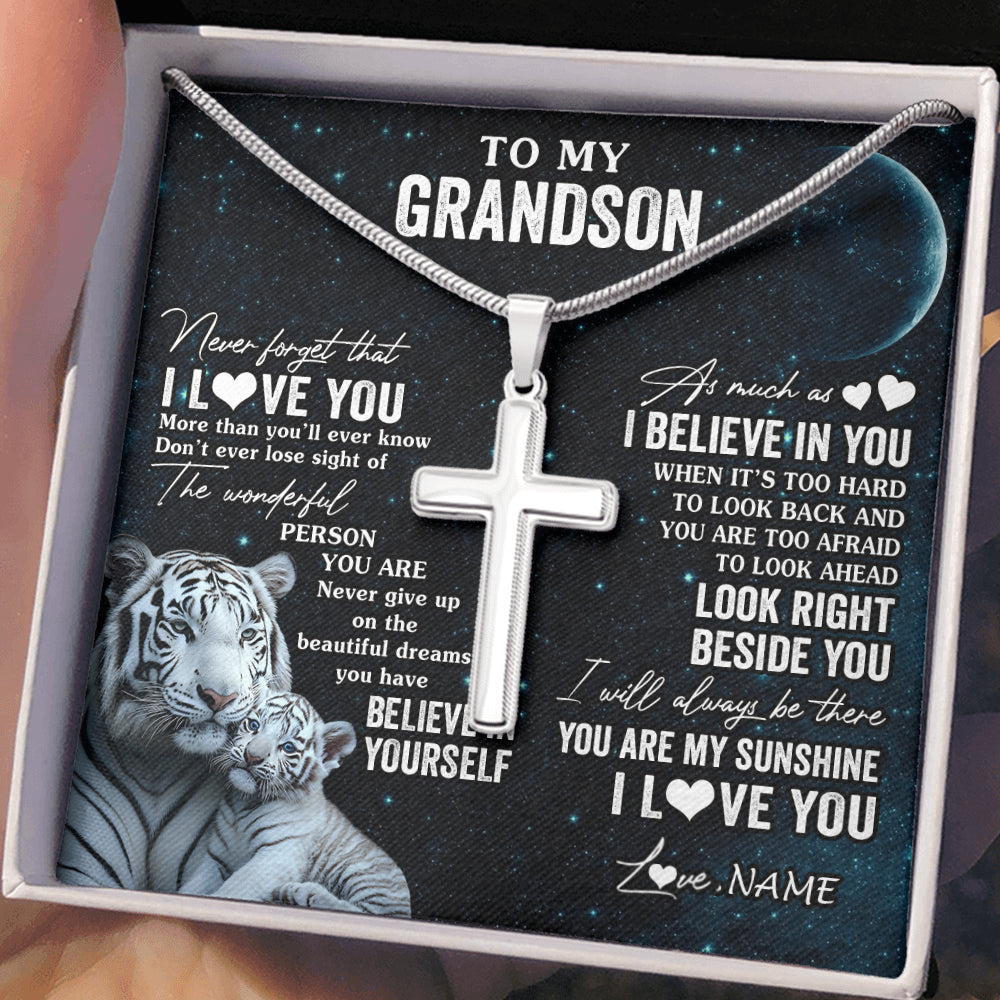 Stainless Cross Necklace Stainless Steel | 2 | Personalized To My Grandson Necklace From Grandma Never Forget I Love You White Tiger Grandson Birthday Graduation Christmas Customized Gift Box Message Card | teecentury