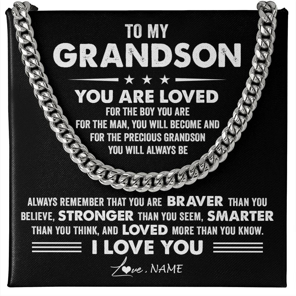 Cuban Link Chain Necklace Stainless Steel | 1 | Personalized To My Grandson Necklace From Grandma Papa Cuban Chain You Are Loved Grandson Birthday Graduation Christmas Customized Gift Box Message Card | teecentury