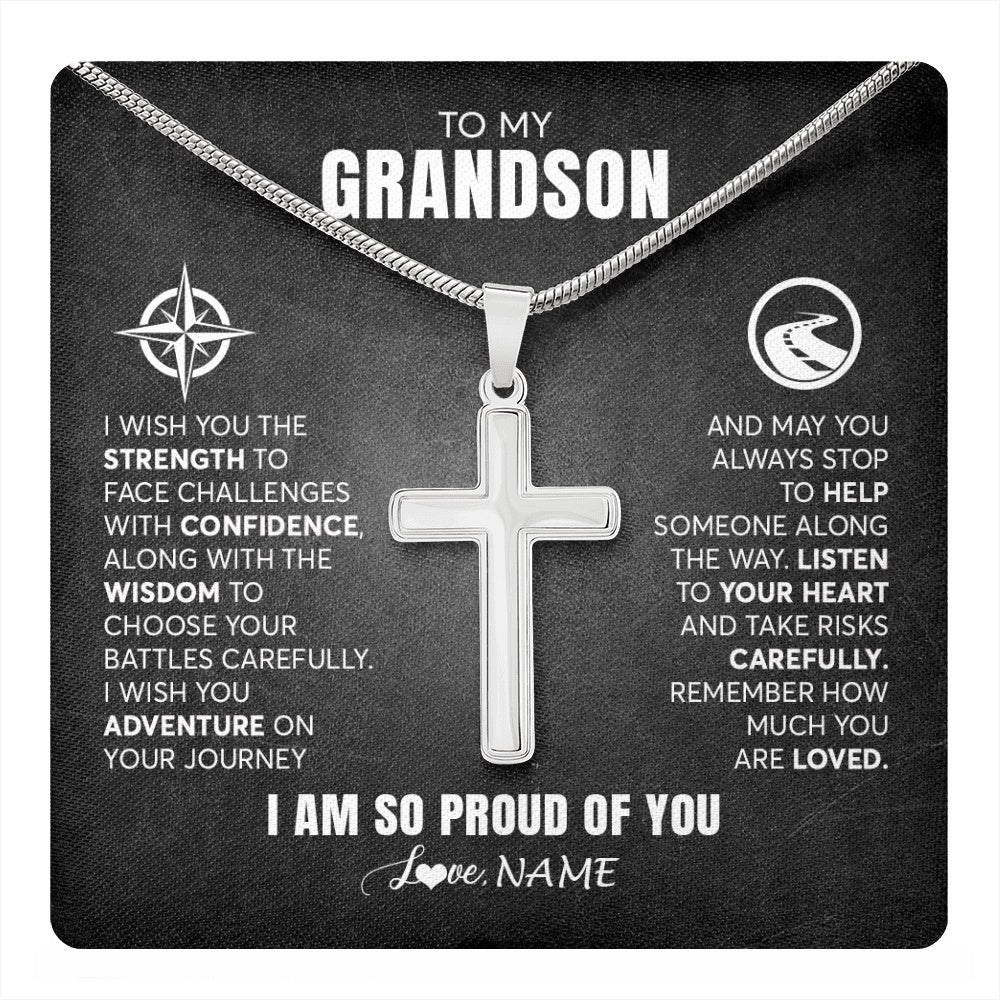 Stainless Cross Necklace Stainless Steel | 1 | Personalized To My Grandson Necklace From Grandma Papa I Wish You The Strength Grandson Birthday Graduation Inspirational Customized Gift Box Message Card | teecentury.myshopify