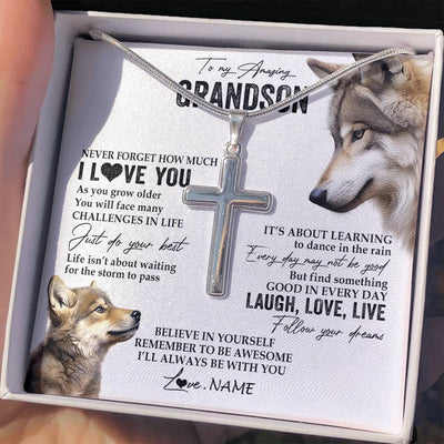 Stainless Cross Necklace Stainless Steel | 2 | Personalized To My Grandson Necklace From Grandma Papa Just Do You Best Laugh Love Live Wolf Grandson Birthday Christmas Customized Gift Box Message Card | teecentury