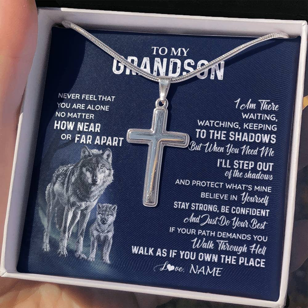 Stainless Cross Necklace Stainless Steel | 2 | Personalized To My Grandson Necklace From Grandma Papa Never Feel You Are Alone Wolf Grandson Birthday Graduation Christmas Customized Gift Box Message Card | teecentury