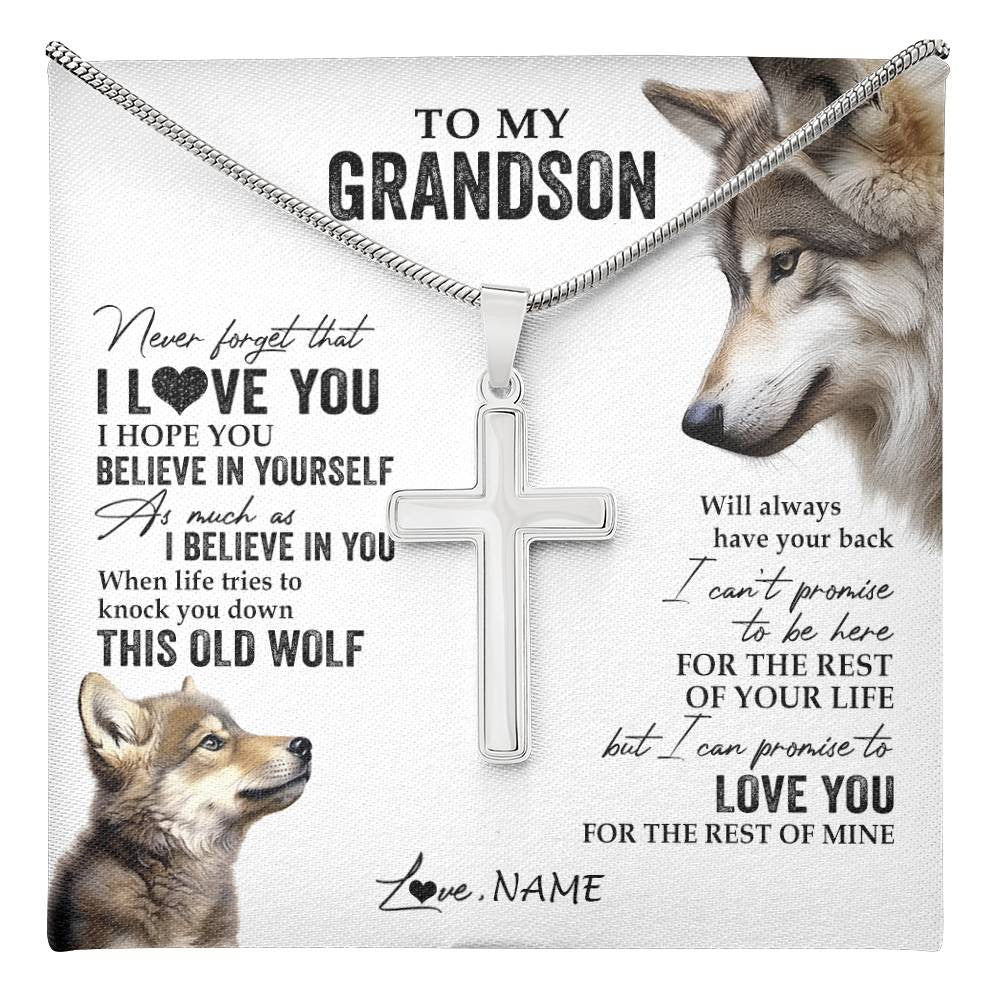 Stainless Cross Necklace Stainless Steel | 1 | Personalized To My Grandson Necklace From Grandma Papa This Old Wolf Love You Grandson Birthday Graduation Christmas Customized Gift Box Message Card | teecentury