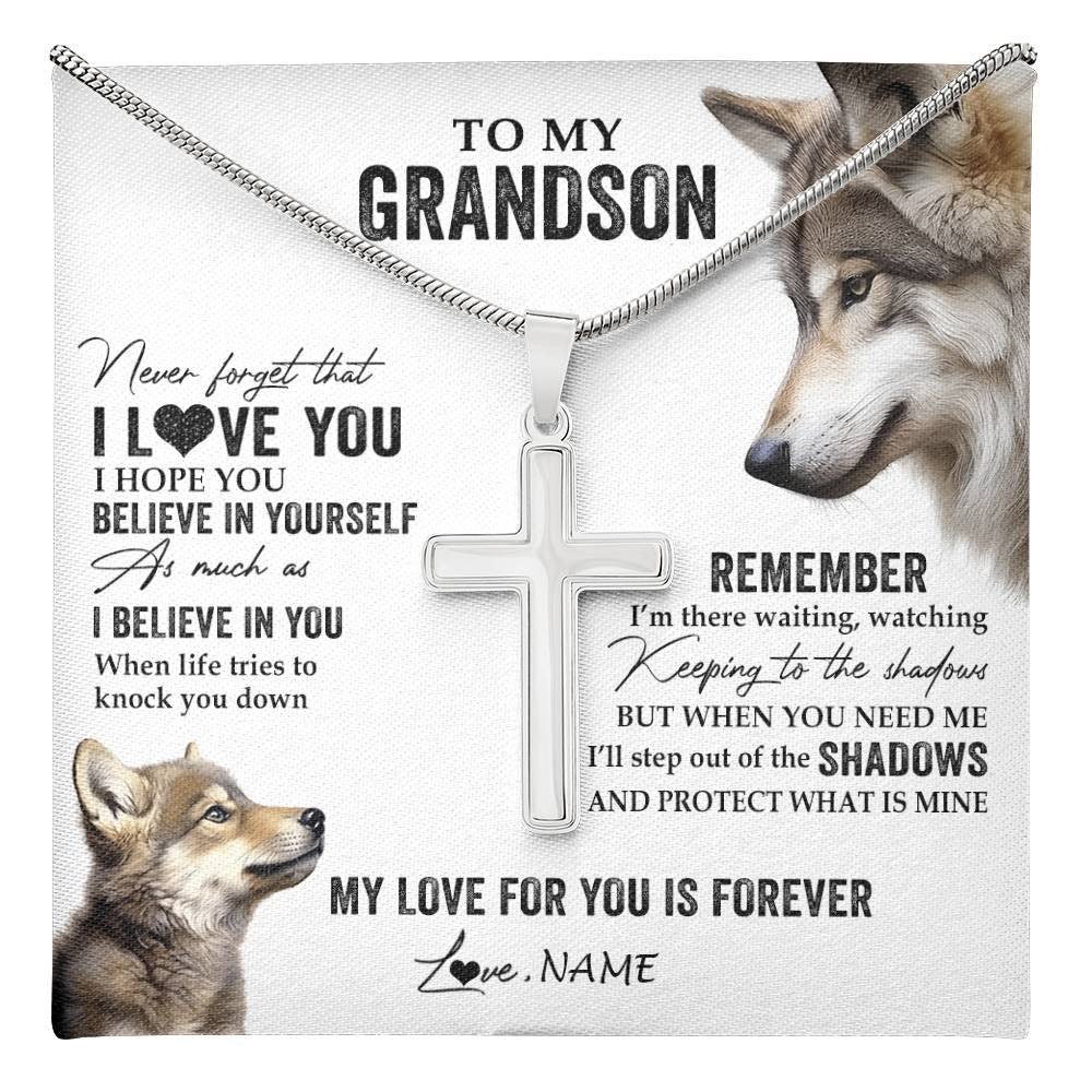 Stainless Cross Necklace Stainless Steel | 1 | Personalized To My Grandson Necklace From Grandma Papa Wolf My Love For You Is Forever Grandson Birthday Graduation Christmas Customized Gift Box Message Card | teecentury