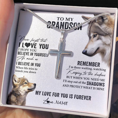 Stainless Cross Necklace Stainless Steel | 2 | Personalized To My Grandson Necklace From Grandma Papa Wolf My Love For You Is Forever Grandson Birthday Graduation Christmas Customized Gift Box Message Card | teecentury