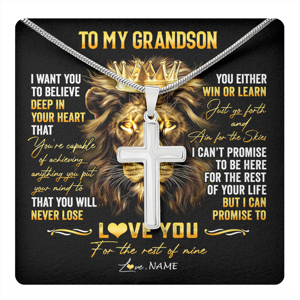 Stainless Cross Necklace Stainless Steel | 1 | Personalized To My Grandson Necklace From Grandma Papa You Will Never Lose Lion Grandson Birthday Graduation Christmas Customized Gift Box Message Card | teecentury