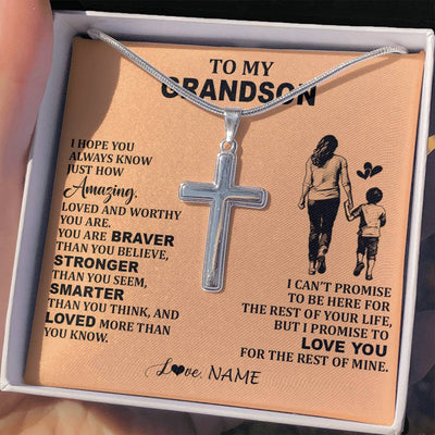 Stainless Cross Necklace Stainless Steel | 2 | Personalized To My Grandson Necklace From Grandma Promise To Love You Grandson Birthday Gifts Graduation Christmas Customized Gift Box Message Card | teecentury