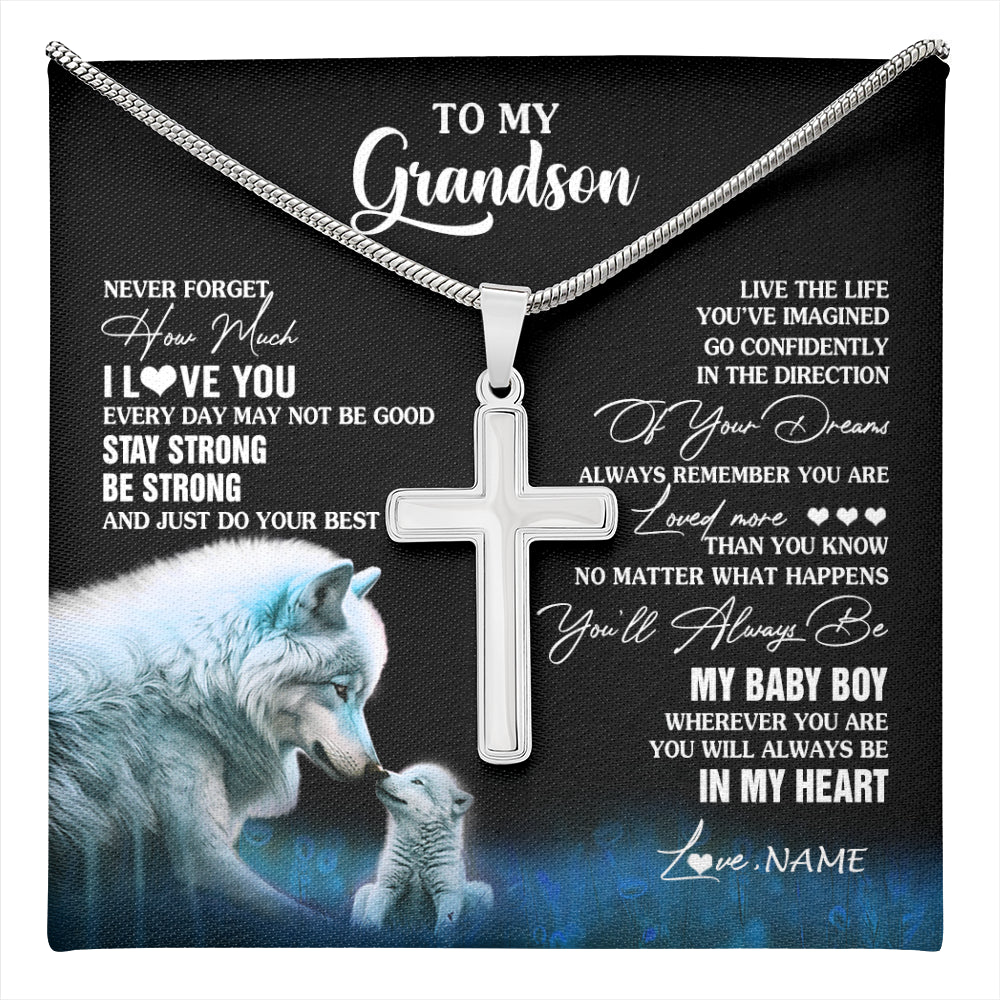 Stainless Cross Necklace Stainless Steel | 1 | Personalized To My Grandson Necklace From Grandma Wolf Never Forget How Much I Love You Grandson Birthday Gifts Christmas Customized Gift Box Message Card | teecentury