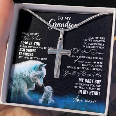 Stainless Cross Necklace Stainless Steel | 2 | Personalized To My Grandson Necklace From Grandma Wolf Never Forget How Much I Love You Grandson Birthday Gifts Christmas Customized Gift Box Message Card | teecentury