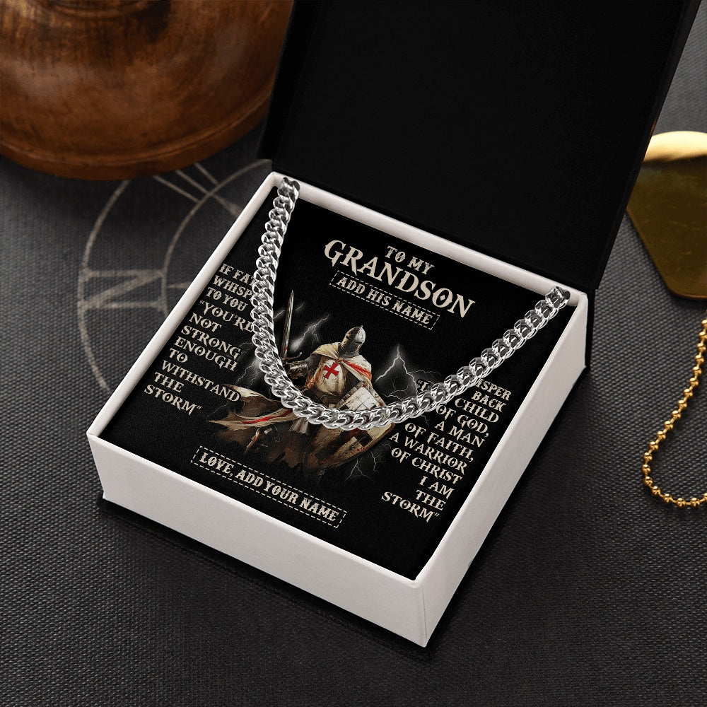 Cuban Link Chain Necklace Stainless Steel | 2 | Personalized To My Grandson Necklace From Grandpa Grandma For Men Warrior Knight Templar I Am The Storm Birthday Christmas Grandson Gift Box Message Card | https://teecentury.