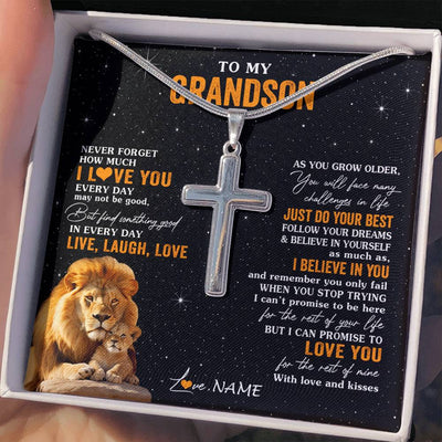 Stainless Cross Necklace Stainless Steel | 2 | Personalized To My Grandson Necklace From Grandpa Live Laugh Love Lion Grandson Birthday Gifts Positive Graduation Christmas Customized Gift Box Message Card | teecentury