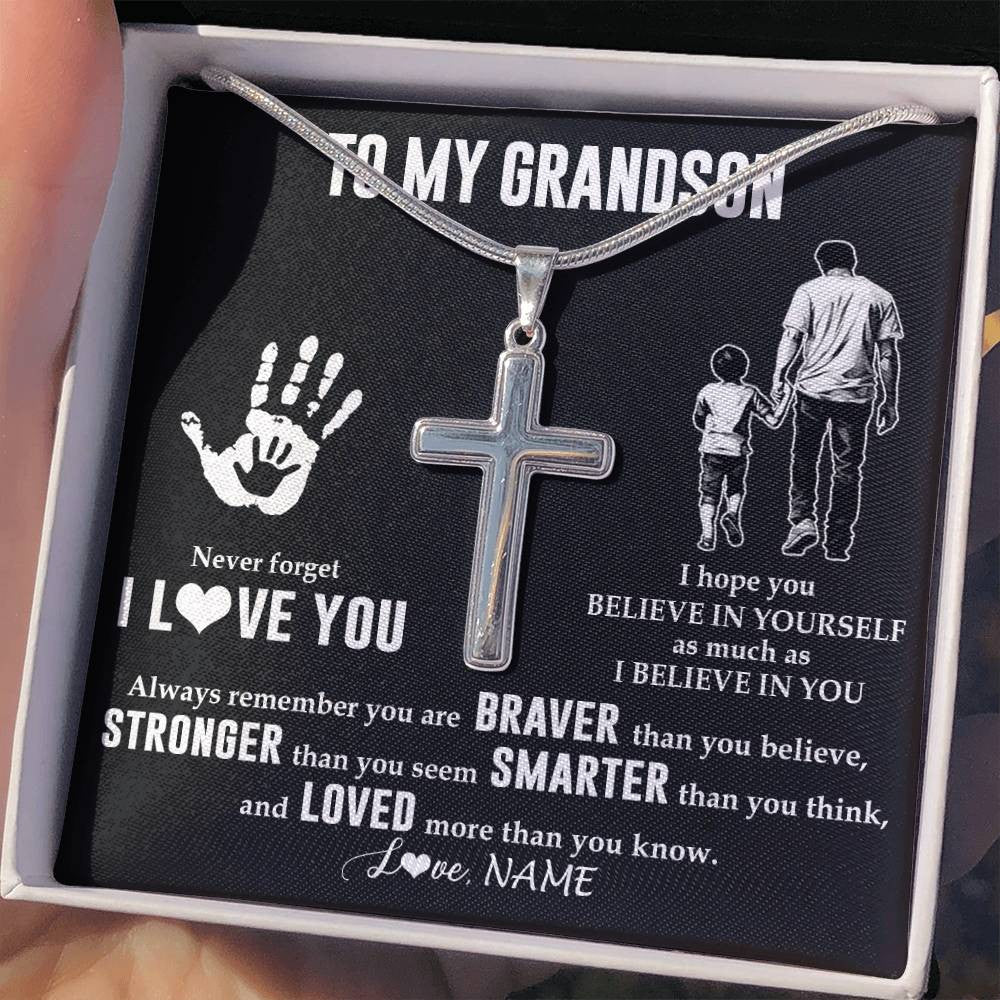 Stainless Cross Necklace Stainless Steel | 2 | Personalized To My Grandson Necklace From Grandpa Never Forget I Love You Grandson Birthday Gifts Christmas Graduation Customized Gift Box Message Card | teecentury