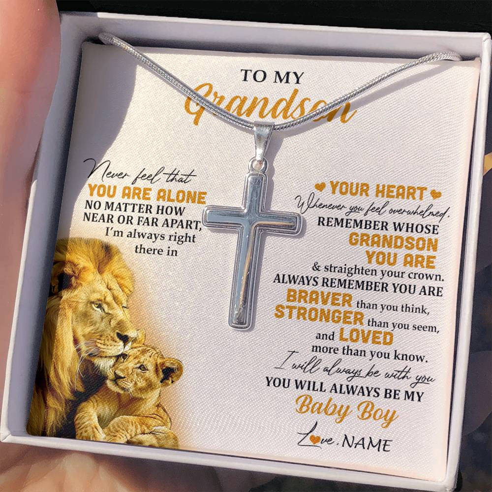 Stainless Cross Necklace Stainless Steel | 2 | Personalized To My Grandson Necklace From Grandpa Papa Lion Never Feel That You Are Alone Great Grandson Birthday Christmas Customized Gift Box Message Card | teecentury