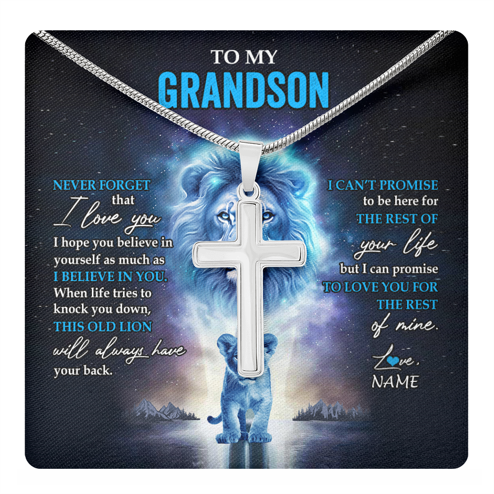 Stainless Cross Necklace Stainless Steel | 1 | Personalized To My Grandson Necklace From Grandpa Papa Never Forget I Love You Lion Grandson Jewelry Birthday Christmas Customized Message Card | teecentury