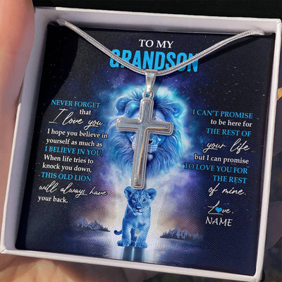 Stainless Cross Necklace Stainless Steel | 2 | Personalized To My Grandson Necklace From Grandpa Papa Never Forget I Love You Lion Grandson Jewelry Birthday Christmas Customized Message Card | teecentury