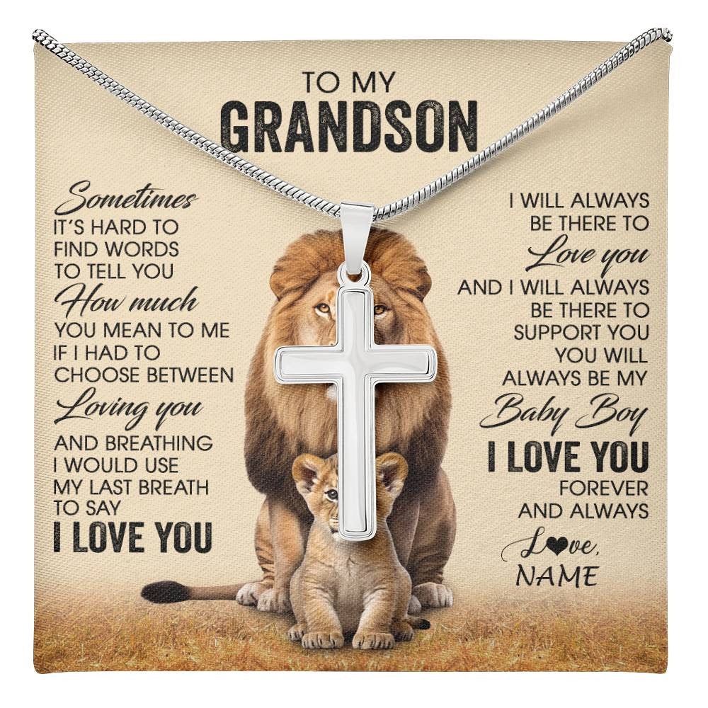 Stainless Cross Necklace Stainless Steel | 1 | Personalized To My Grandson Necklace From Grandpa Papa Sometimes It's Hard Lion Grandson Gift Birthday Jewelry Christmas Customized Gift Box Message Card | teecentury