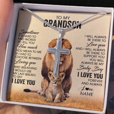 Stainless Cross Necklace Stainless Steel | 2 | Personalized To My Grandson Necklace From Grandpa Papa Sometimes It's Hard Lion Grandson Gift Birthday Jewelry Christmas Customized Gift Box Message Card | teecentury