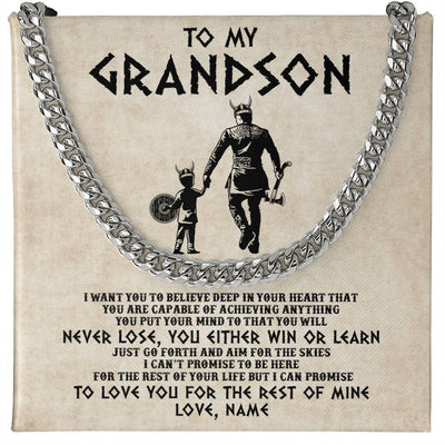 Cuban Link Chain Necklace Stainless Steel | 1 | Personalized To My Grandson Necklace From Grandpa Papa You Will Never Lose Viking Granson Birthday Graduation Christmas Customized Gift Box Message Card | teecentury