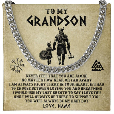 Cuban Link Chain Necklace Stainless Steel | 1 | Personalized To My Grandson Necklace From Grandpa Viking Never Feel That You Are Alone Viking Grandson Birthday Gifts Jewelry Christmas Gift Box Message Card | teecentury