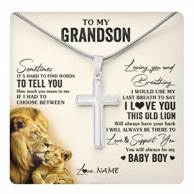 Stainless Cross Necklace Stainless Steel | 1 | Personalized To My Grandson Necklace From Papa Grandpa I Love You This Old Lion Grandson Birthday Graduation Christmas Customized Gift Box Message Card | teecentury