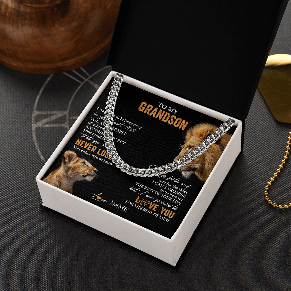 Cuban Link Chain Necklace Stainless Steel | 2 | Personalized To My Grandson Necklace From Papa Grandpa You Will Never Lose Lion Grandson Birthday Gifts Graduation Christmas Customized Gift Box Message Card | teecentury