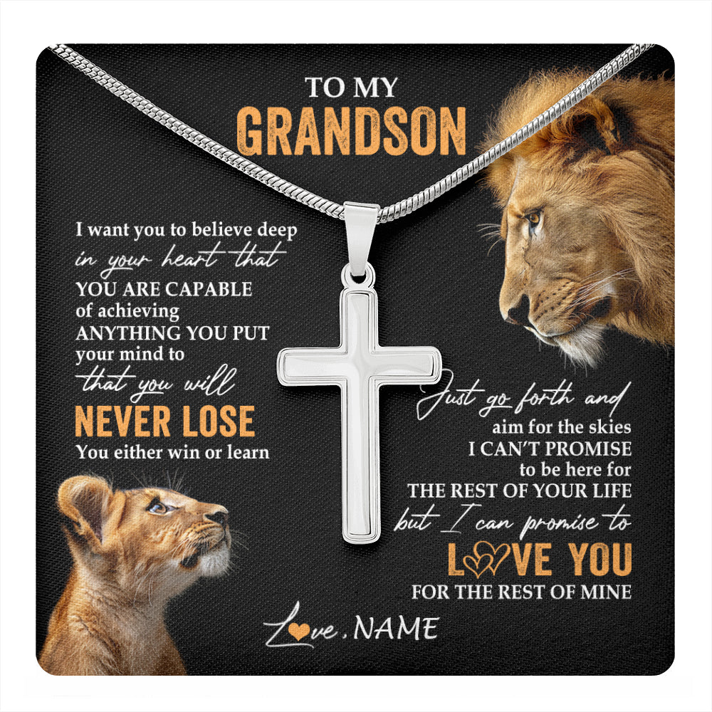 Stainless Cross Necklace Stainless Steel | 1 | Personalized To My Grandson Necklace From Papa Grandpa You Will Never Lose Lion Grandson Birthday Gifts Graduation Christmas Customized Gift Box Message Card | teecentury