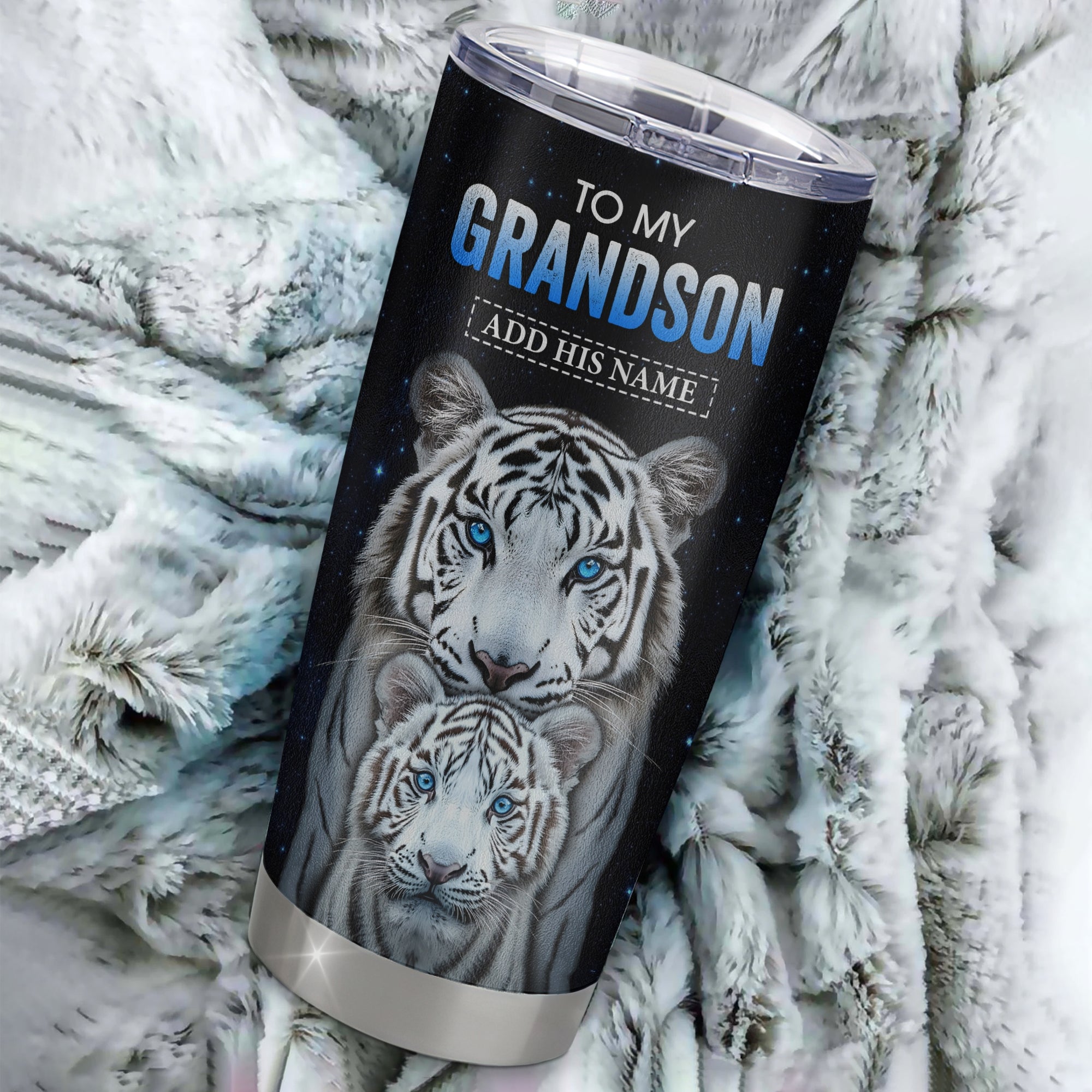 Personalized To My Grandson Tumbler From Grandma Grandpa I Close My Eyes White Tiger Grandson Birthday Gifts Graduation Christmas Sentimental Gift Stainless Mug | teecentury