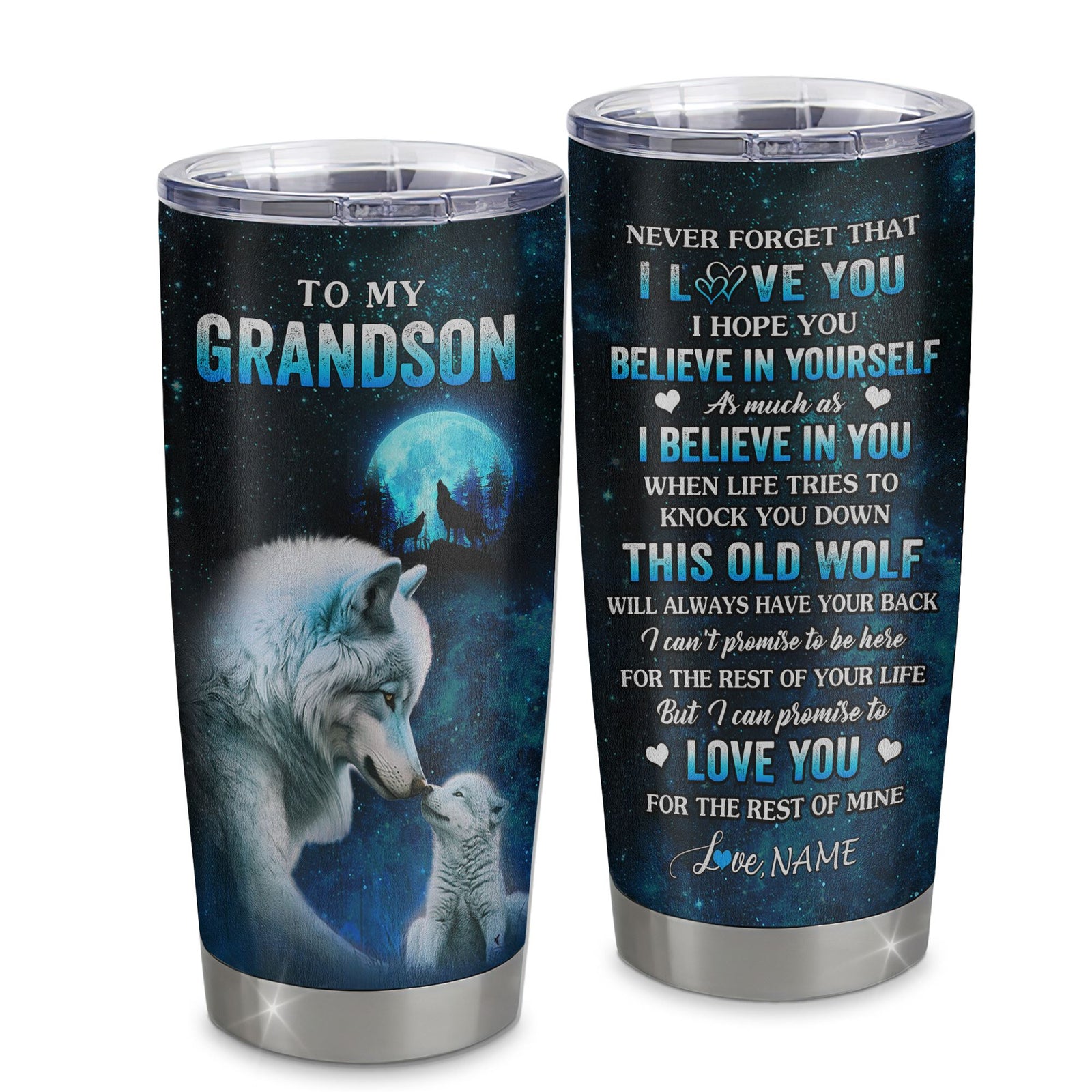 Personalized To My Grandson Tumbler From Grandma Grandpa Stainless Steel Cup This Old Wolf Love Grandson Birthday Gifts Graduation Christmas Custom Travel Mug | teecentury
