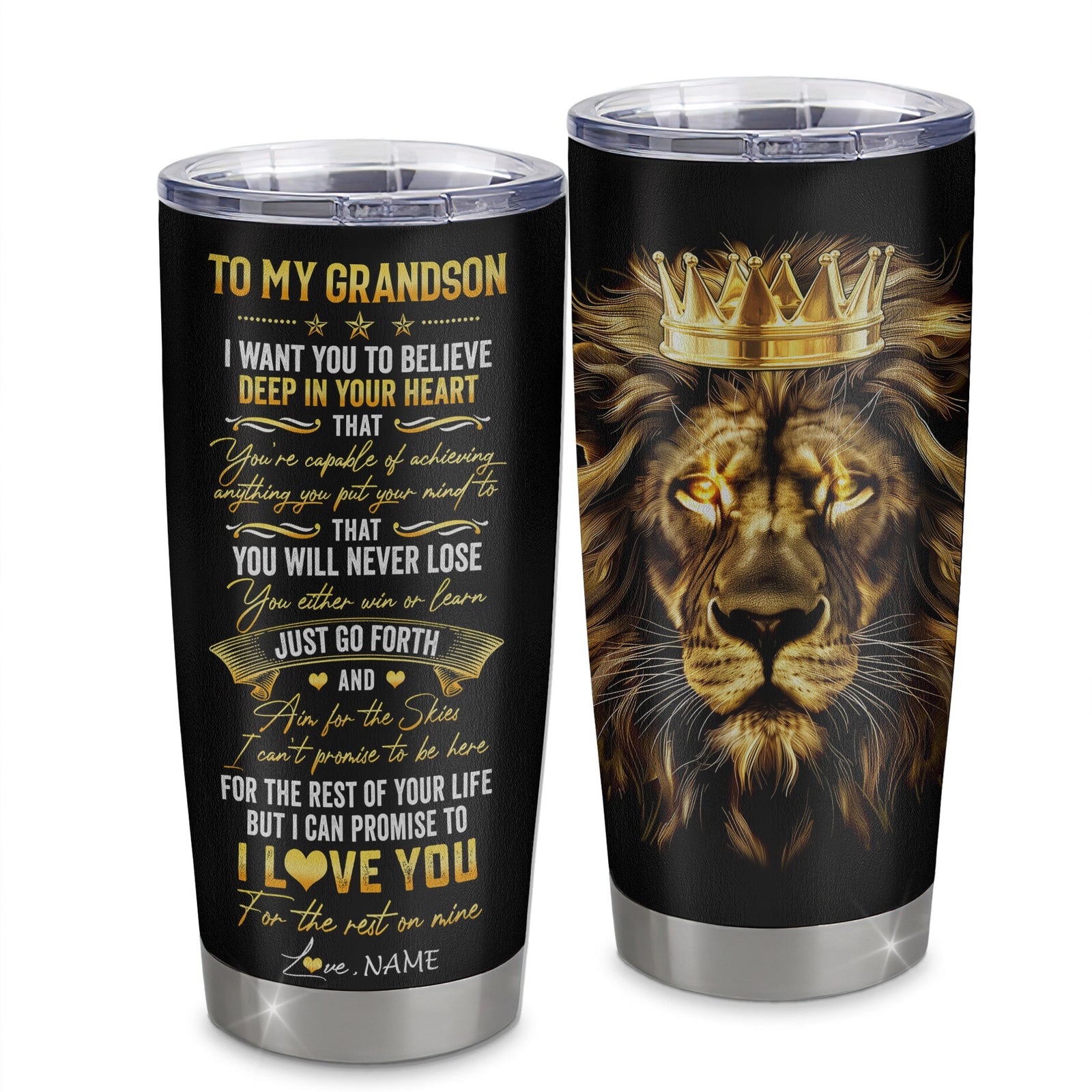 Personalized To My Grandson Tumbler From Grandma Grandpa Stainless Steel Cup You Will Never Lose Lion Grandson Birthday Graduation Christmas Travel Mug | teecentury