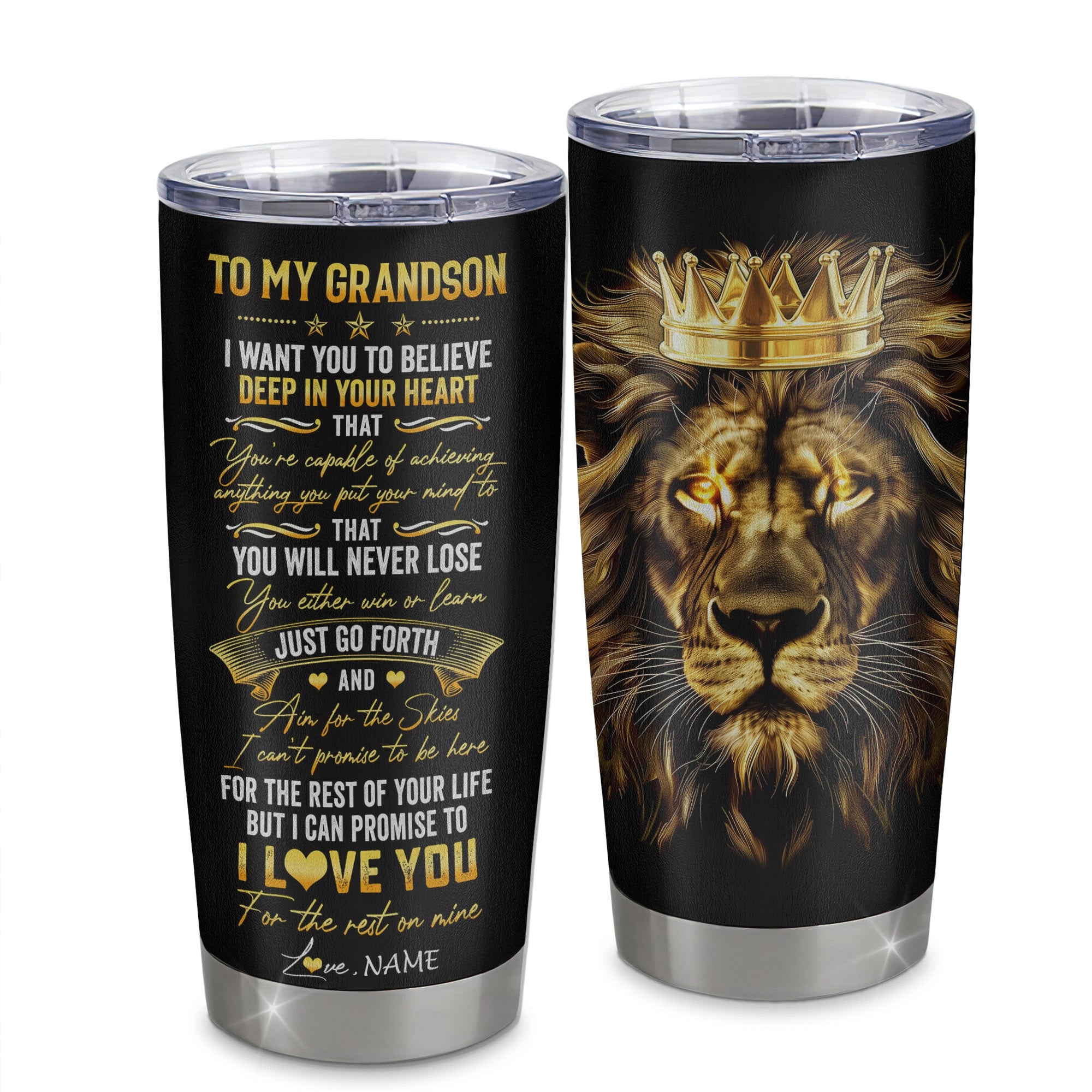 Personalized To My Grandson Tumbler From Grandma Grandpa Stainless Steel Cup You Will Never Lose Lion Grandson Birthday Graduation Christmas Travel Mug | teecentury