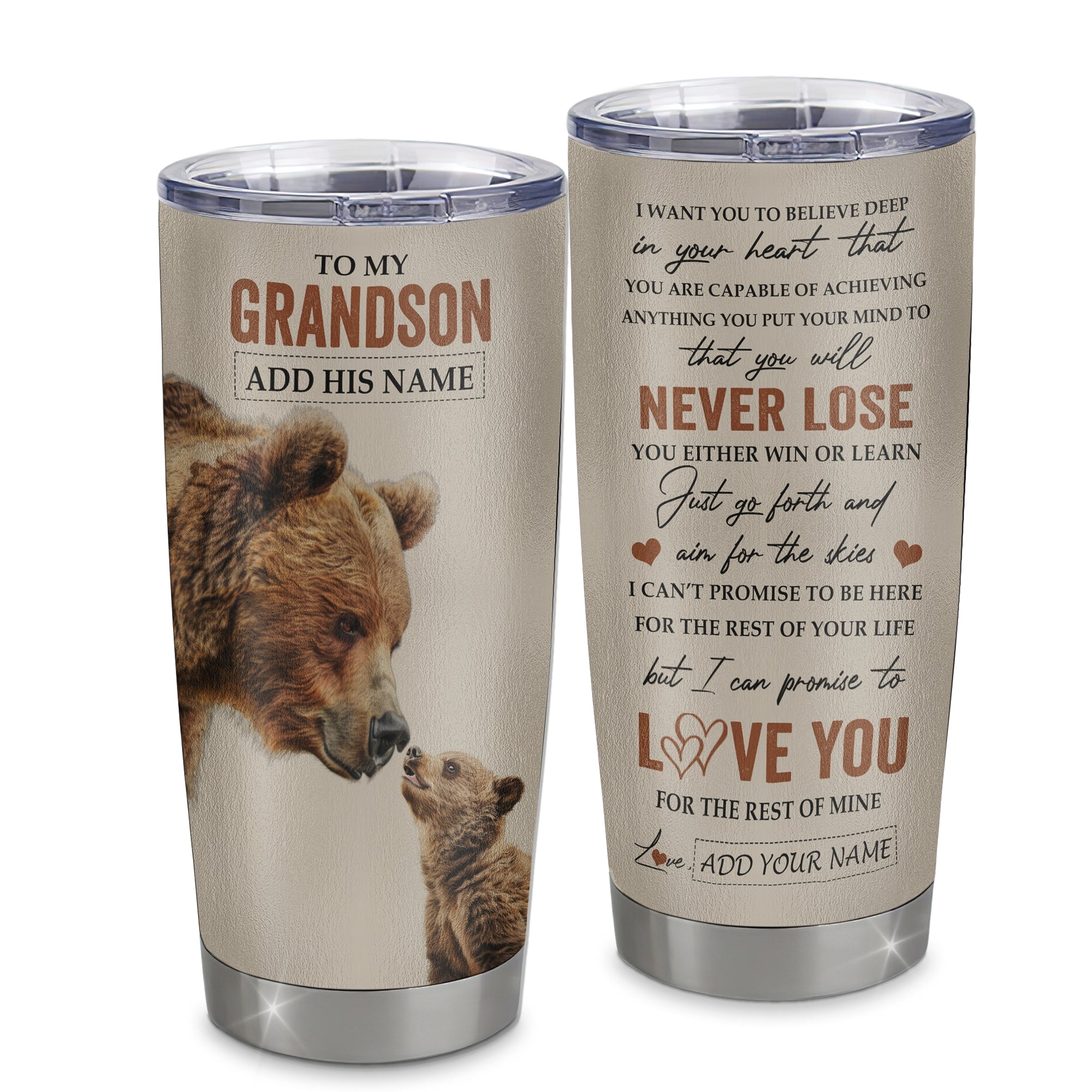 Personalized To My Grandson Tumbler From Grandma Grandpa You Will Never Lose Bear Grandson Birthday Gifts Graduation Christmas Custom Stainless Steel Cup Travel Mug | teecentury