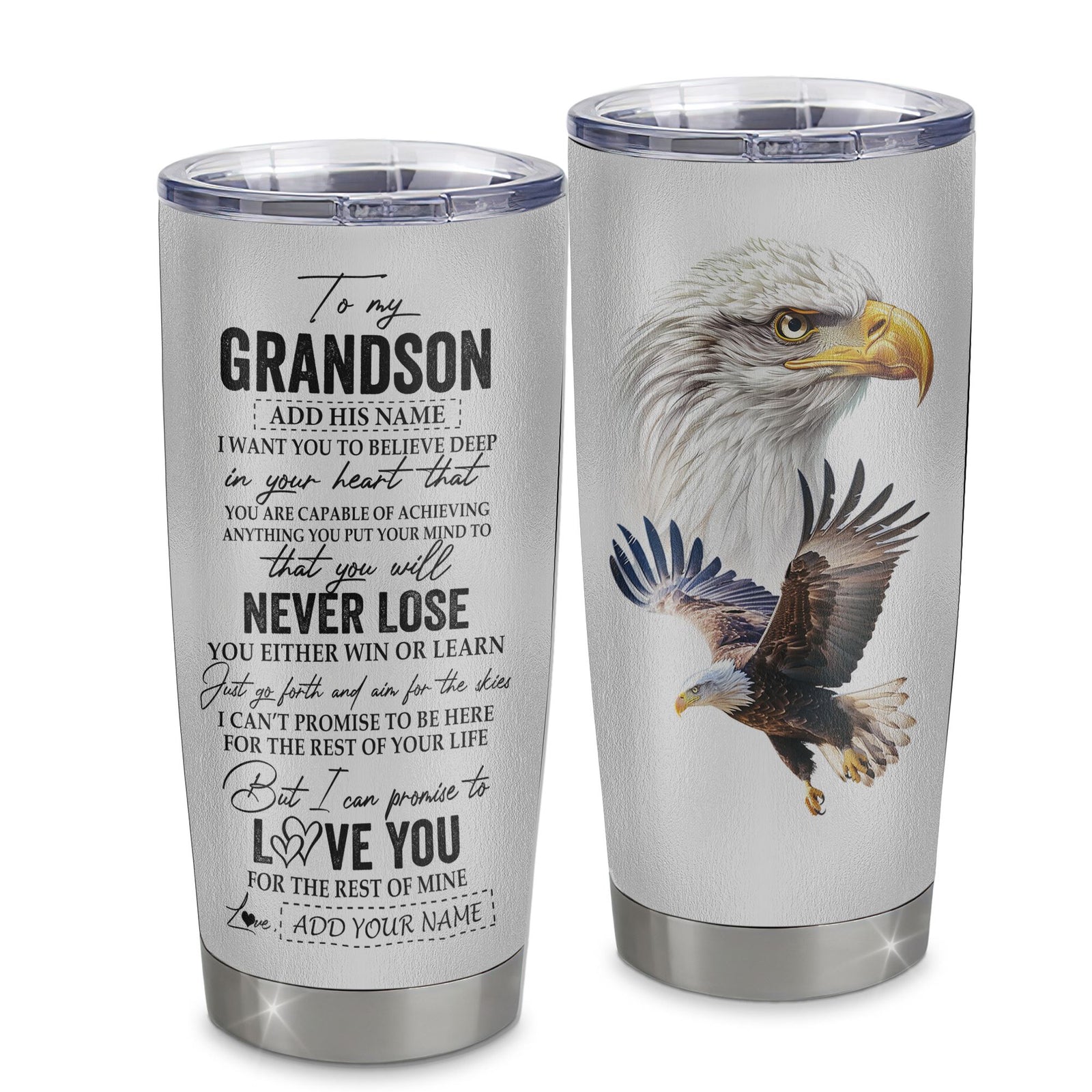 Personalized To My Grandson Tumbler From Grandma Grandpa You Will Never Lose Eagle Grandson Birthday Gifts Graduation Christmas Custom Stainless Steel Cup Travel Mug | teecentury
