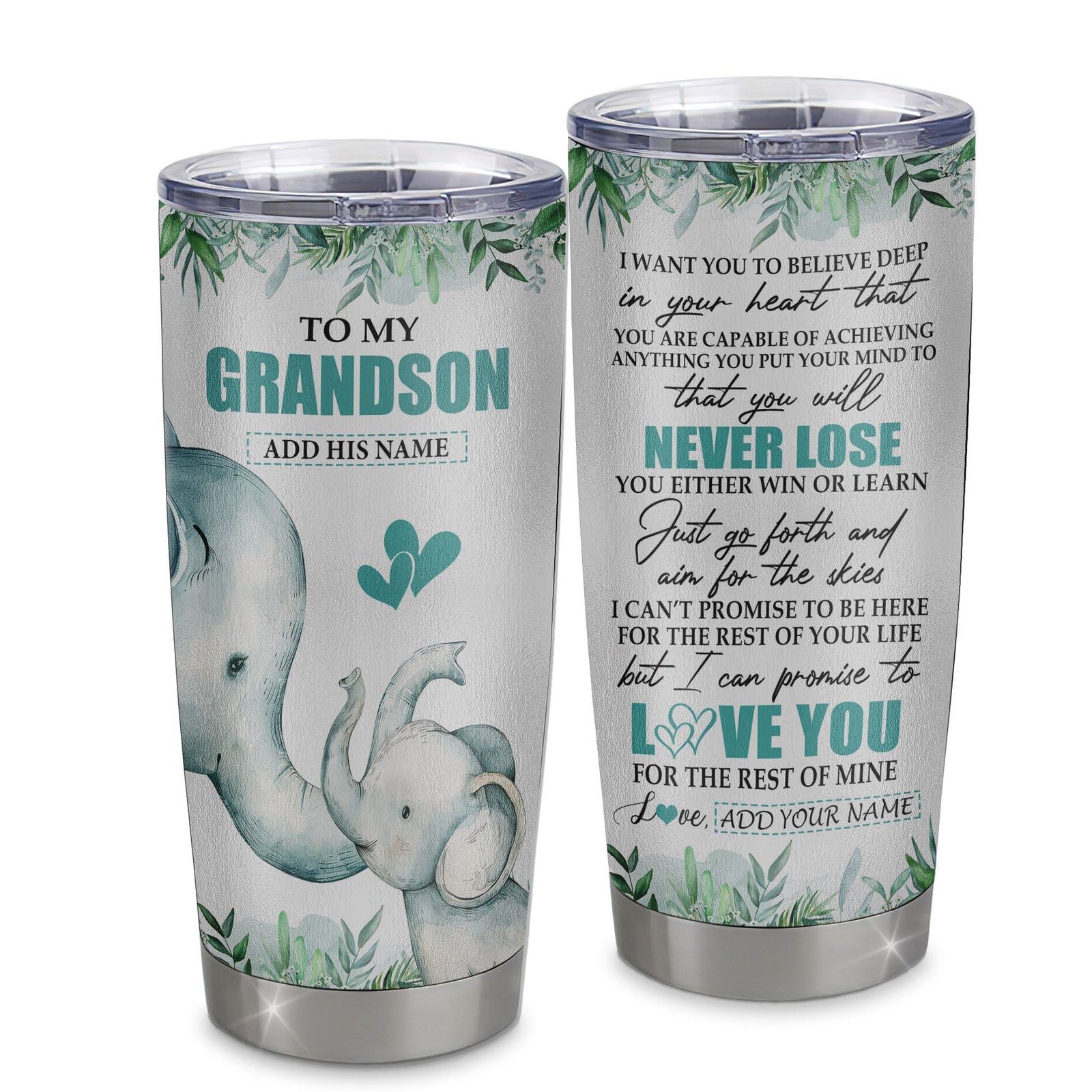 Personalized To My Grandson Tumbler From Grandma Grandpa You Will Never Lose Elephant Grandson Birthday Gifts Graduation Christmas Custom Stainless Steel Cup Travel Mug | teecentury