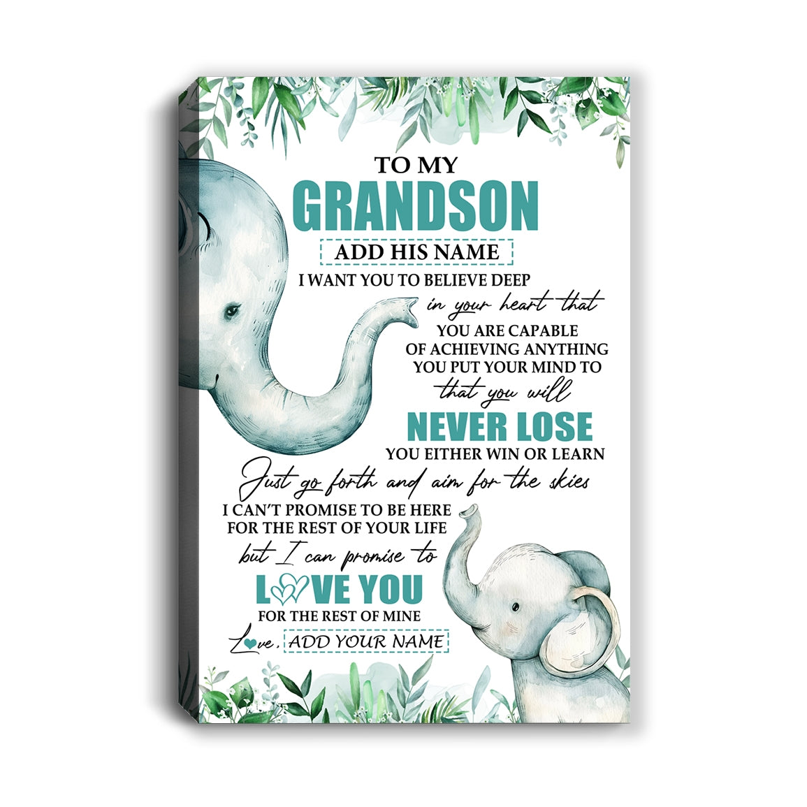 Personalized To My Grandson Tumbler From Grandma Grandpa You Will Never Lose Elephant Grandson Birthday Gifts Graduation Christmas Custom Wall Art Print Framed Canvas | teecentury