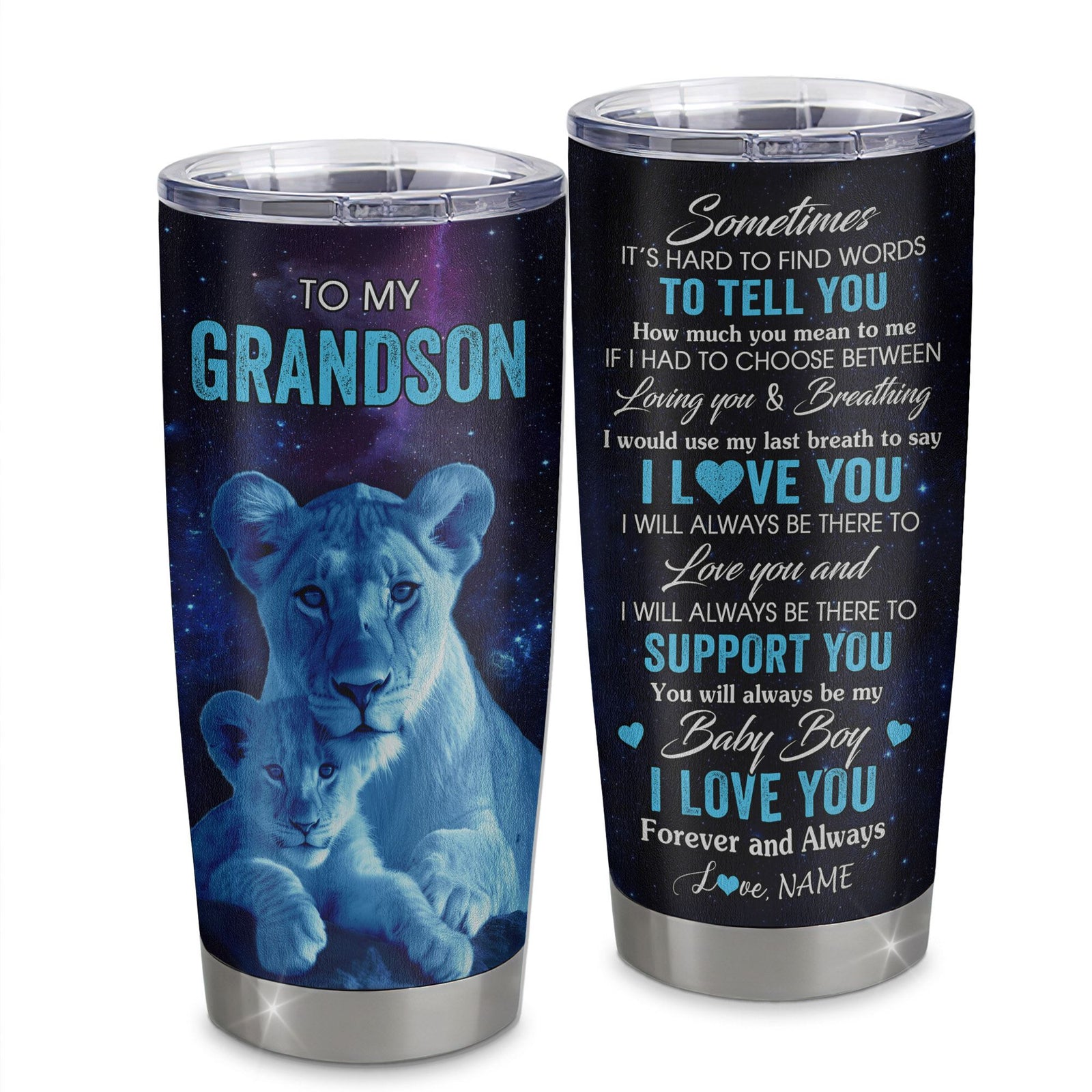 Personalized To My Grandson Tumbler From Grandma Mimi Stainless Steel Cup Sometimes It's Hard Lion Grandson Gift Birthday Graduation Christmas Custom Travel Mug | teecentury