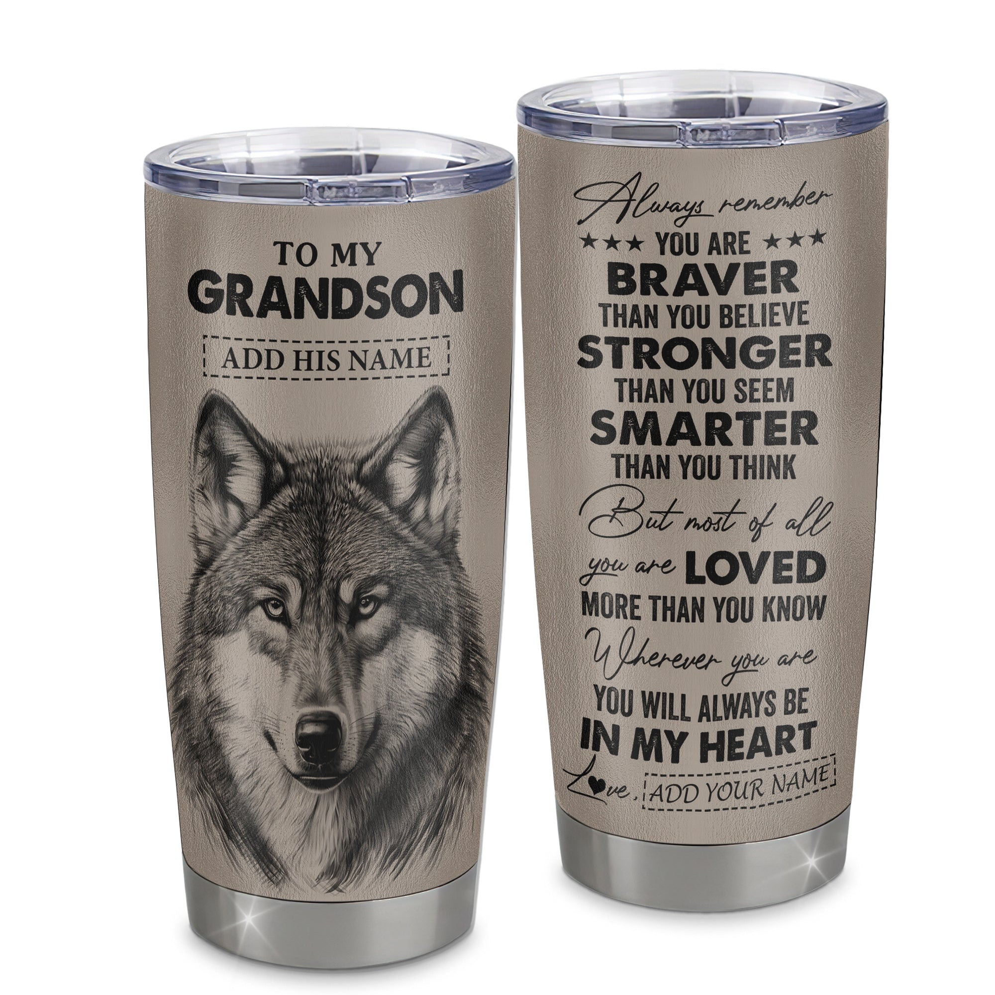 Personalized To My Grandson Tumbler From Grandma Nana Wolf Braver Stronger Smarter Grandson Birthday Graduation Christmas Custom Stainless Steel Cup Travel Mug | teecentury