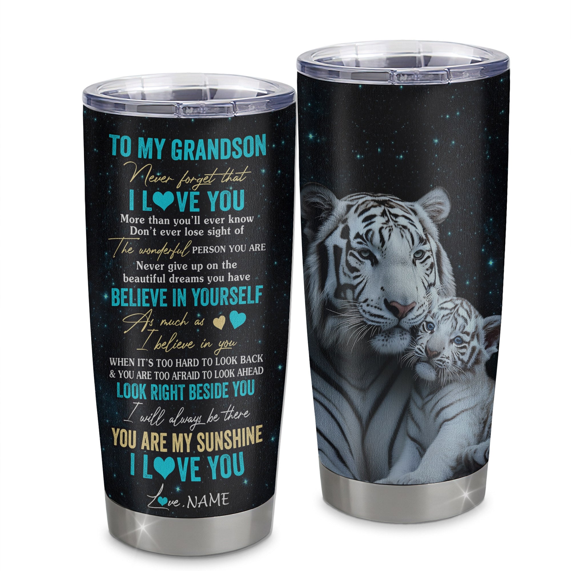 Personalized To My Grandson Tumbler From Grandma Stainless Steel Cup Never Forget I Love You White Tiger Grandson Birthday Graduation Christmas Travel Mug | teecentury
