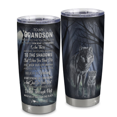 Personalized To My Grandson Tumbler From Grandpa Grandma Stainless Steel Cup Never Feel You Are Alone Wolf Grandson Birthday Graduation Christmas Travel Mug | teecentury